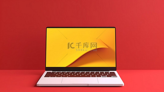黄色背景，红色笔记本电脑具有空白白屏 3D 渲染屏幕样机模板