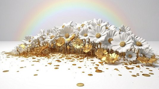 令人惊叹的白色和金色彩虹从花瓣淋浴 3D 渲染中的花床上发芽