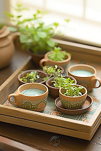 装饰盆栽背景图片_一个木托盘，里面有盆栽种子和小碗茶