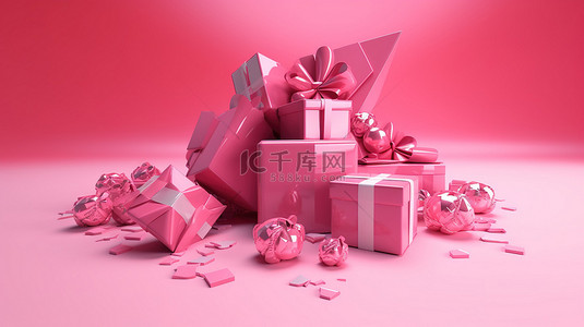 圣诞节那天粉红色礼盒的节日 3D 渲染