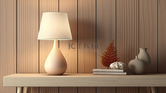 温暖家居背景图片_木桌上现代装饰样机空间的 3D 渲染，由温暖的台灯照亮