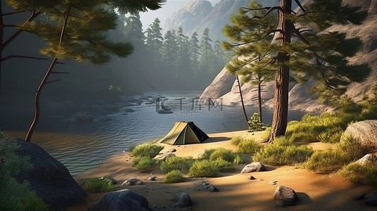 3d 渲染的冒险露营在一棵松树与河流和山景