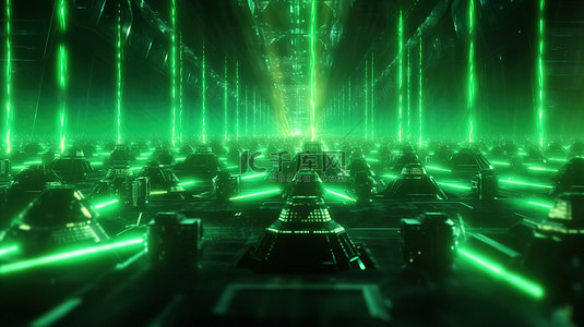 带有充满活力的绿色激光束的游戏主题未来背景的 3D 渲染