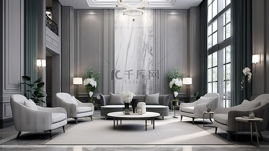 主公寓酒店大堂 3D 渲染中带有大理石纹理的豪华灰色色调等候区