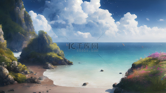 蓝色卡通海浪背景图片_海滩海岛天空