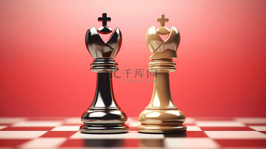 浪漫的国际象棋红心装饰彩色棋盘上的国王和王后人物 3D 渲染