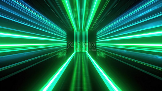 飞行的背景图片_发光的绿色和蓝色线条穿过抽象霓虹灯走廊向前飞行的 3D 插图
