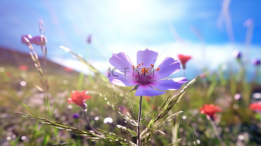 草地上精致的花朵令人惊叹的 3D 渲染