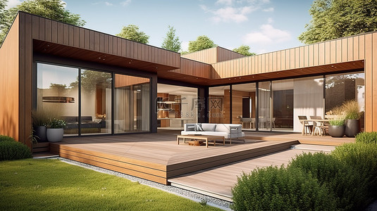 精美的现代住宅，拥有宽敞的木甲板和郁郁葱葱的草坪，采用令人惊叹的 3D 渲染
