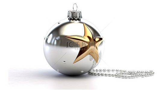 白色背景 3D 插图上圣诞节和新年庆祝活动的金色银球和星星装饰