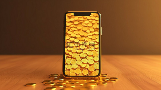 金币装饰手机模型，在闪闪发光的 3D 金色背景下