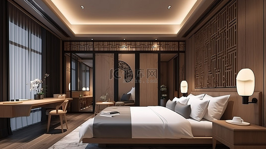 华丽新风貌背景图片_华丽的亚洲主题酒店套房配有电视令人惊叹的 3D 渲染