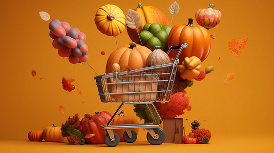 空中购物冒险 3D 渲染材料翱翔在超现实的秋季景观中