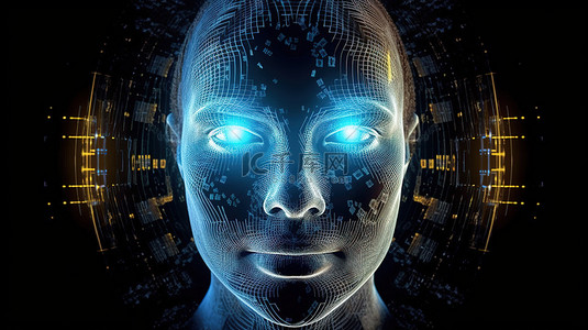 人头mg背景图片_带有机器人头和抽象全息技术的欧元货币的未来 3D 渲染