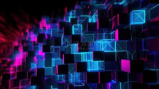 模糊的抽象背景，在 3d 中创建的黑色背景上带有霓虹粉红色和蓝色的多边形网格
