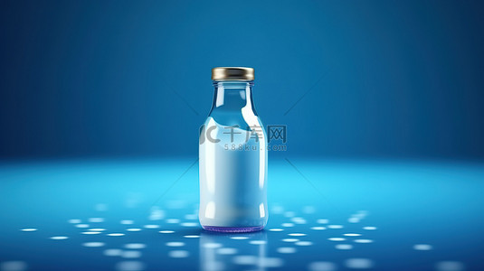 生动的蓝色背景上蓝色牛奶瓶包装的 3D 渲染