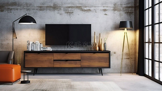 带电视和时尚餐具柜的客厅的 3D 渲染