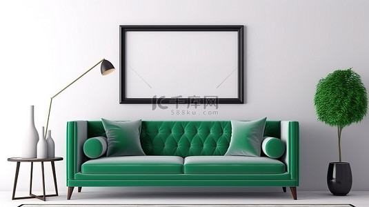 绿色沙发背景图片_绿色沙发客厅，配有原型相框和 3D 电视