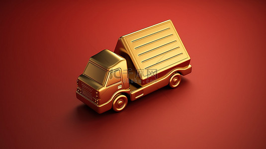 移动云盘背景图片_一辆行驶中的卡车的图标 红色哑光金板上的象征性金色移动卡车 3D 渲染的社交媒体图标