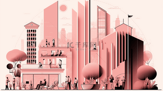 社区扁平背景图片_城市建筑楼房人扁平风格粉色系列背景