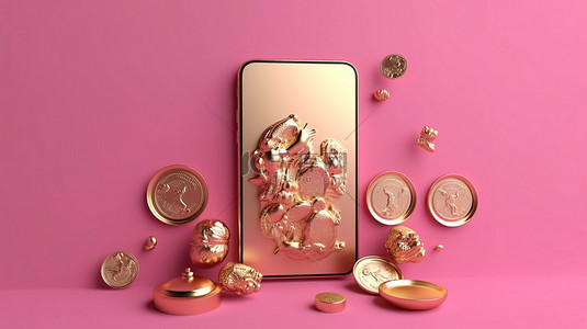 手机小程序界面背景图片_粉红色背景下 3d 渲染智能手机周围带有复制空间的金色货币