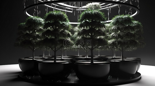 辛勤园丁背景图片_黑色花盆中郁郁葱葱的绿色植物的水培系统的 3d 渲染