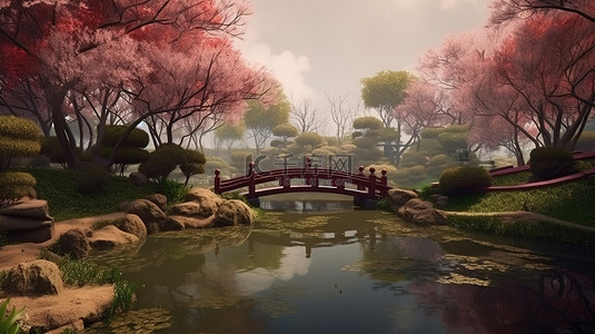 华丽绽放背景背景图片_春天宁静的日本花园的华丽 3D 渲染