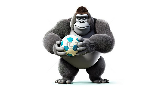 一只幽默的 3D 大猩猩，身材丰满，手里拿着足球