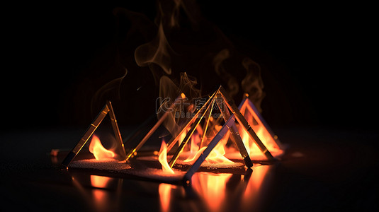 3d 渲染中发光的三角形荧光棒和炽热的火焰