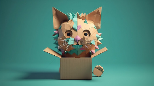 一只猫猫背景图片_纸板箱中的一只快乐猫 3d 渲染图像