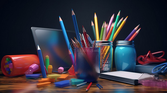 學習用品背景图片_回到学校，在彩色抽象背景下提供用品的 3d 渲染