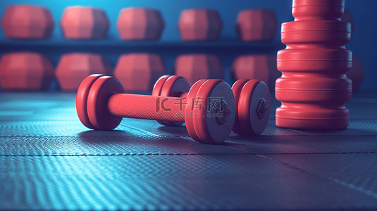运动场景背景背景图片_带哑铃和健身垫的 3D 渲染运动场景