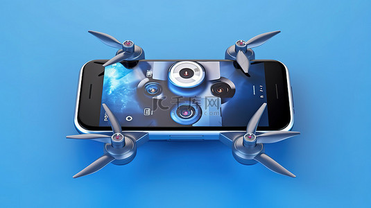 从手机触摸屏发射多旋翼相机无人机的 3D 渲染，蓝色背景上有直升机图标