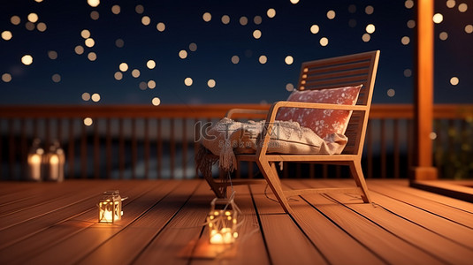 星空下的木甲板上有夜光，配有扶手椅和咖啡桌 3D 插图