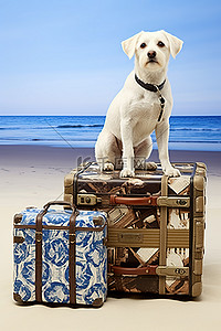 宠物售后卡背景图片_带着行李和手提箱的狗坐在海滩上