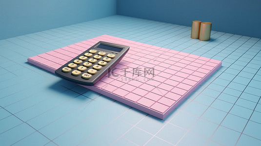 粉红色背景下的金币和蓝色计算器，3d 渲染中有上升图