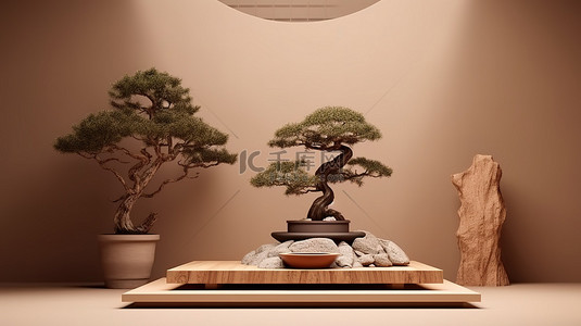 棕色背景下日本风格石讲台和盆景树的 3D 渲染，用于产品展示