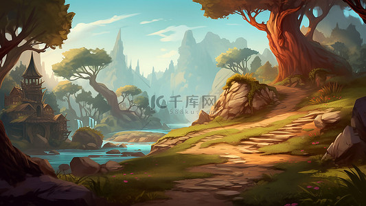欧式梦幻城堡背景图片_游戏地面树木