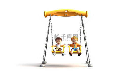 儿童身高树背景图片_双胞胎孩子的秋千 3D 渲染插图在白色背景上