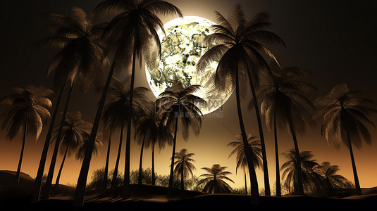 异国情调的背景图片_3d 棕榈树中的满月