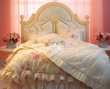 软包床头背景图片_一张配有粉色床头板和毯子的床