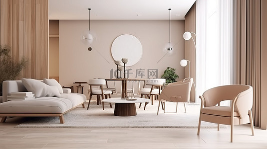 smart模型背景图片_时尚现代的客厅和餐厅 3D 模型，白色米色和棕色色调