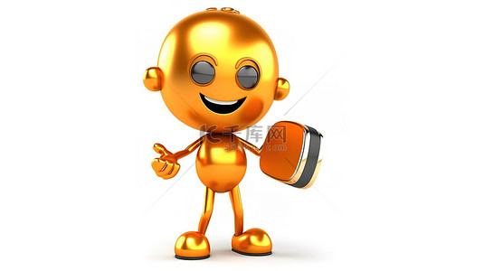 白色背景上拿着金奖得主奖杯和橙色旅行箱的吉祥物人的 3D 渲染