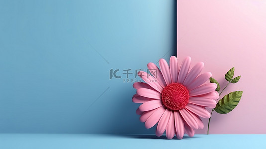 爱壁纸背景图片_3D 渲染贺卡，混合了蓝色色调的粉红色花朵