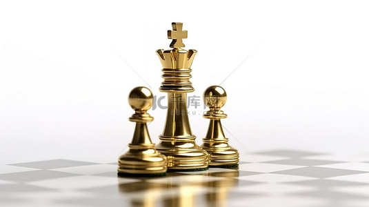 战略性地放置在白色背景上的国际象棋王的 3D 渲染