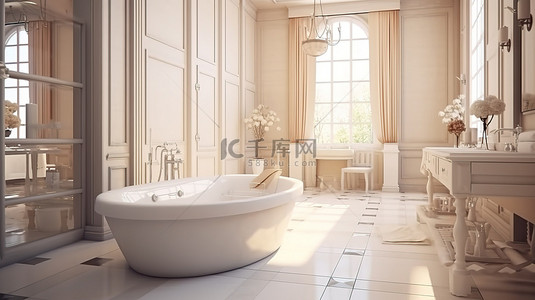 经典风格的浴室配有豪华按摩浴缸淋浴和家具 3D 渲染