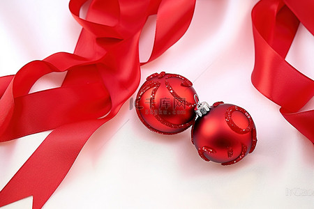 丝带装饰背景图片_用丝带装饰的红色圣诞球
