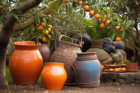 果德背景图片_橘子树上有篮子的彩色陶瓷