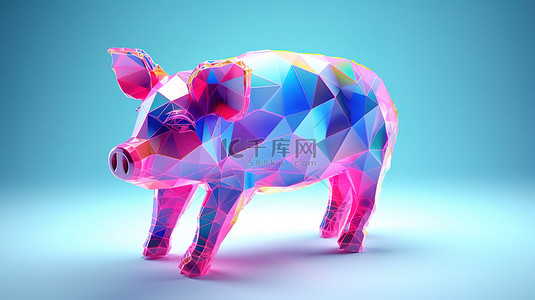 充满活力的粉红色猪，在 3D 抽象插图中，白色背景，带有浅蓝色的暗示