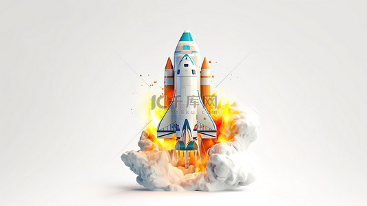 开始背景背景图片_白色背景烟雾启动火箭发射的低聚风格 3D 渲染